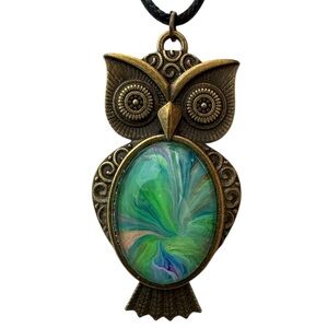 Handmade Green and Blue Fluid Art Owl Pendant Necklace